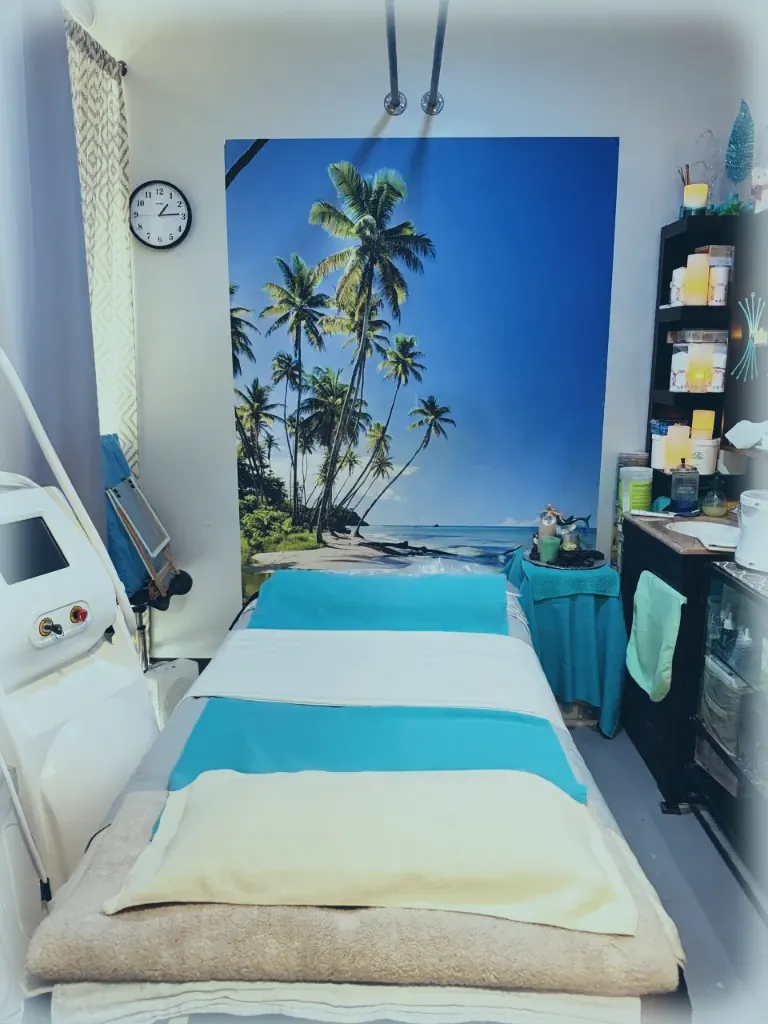 Facial treatment room at Silver Sea Day Spa with a tropical beach mural